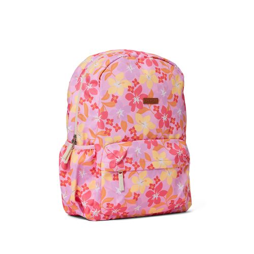 A pink floral backpack with a vibrant hibiscus pattern in shades of pink, orange, and yellow, featuring a front zippered pocket and side mesh pockets, shown on a plain white background.