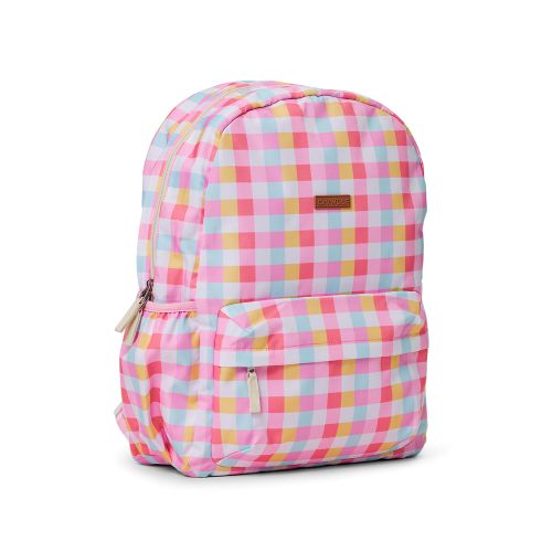 A pink, yellow, and light blue checkered backpack with a small brown leather brand patch on the front, shown on a clean white background.