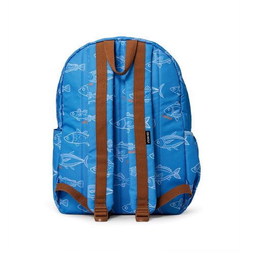 A blue backpack with an allover white fish pattern and brown webbed shoulder straps, shown from the back on a white background.