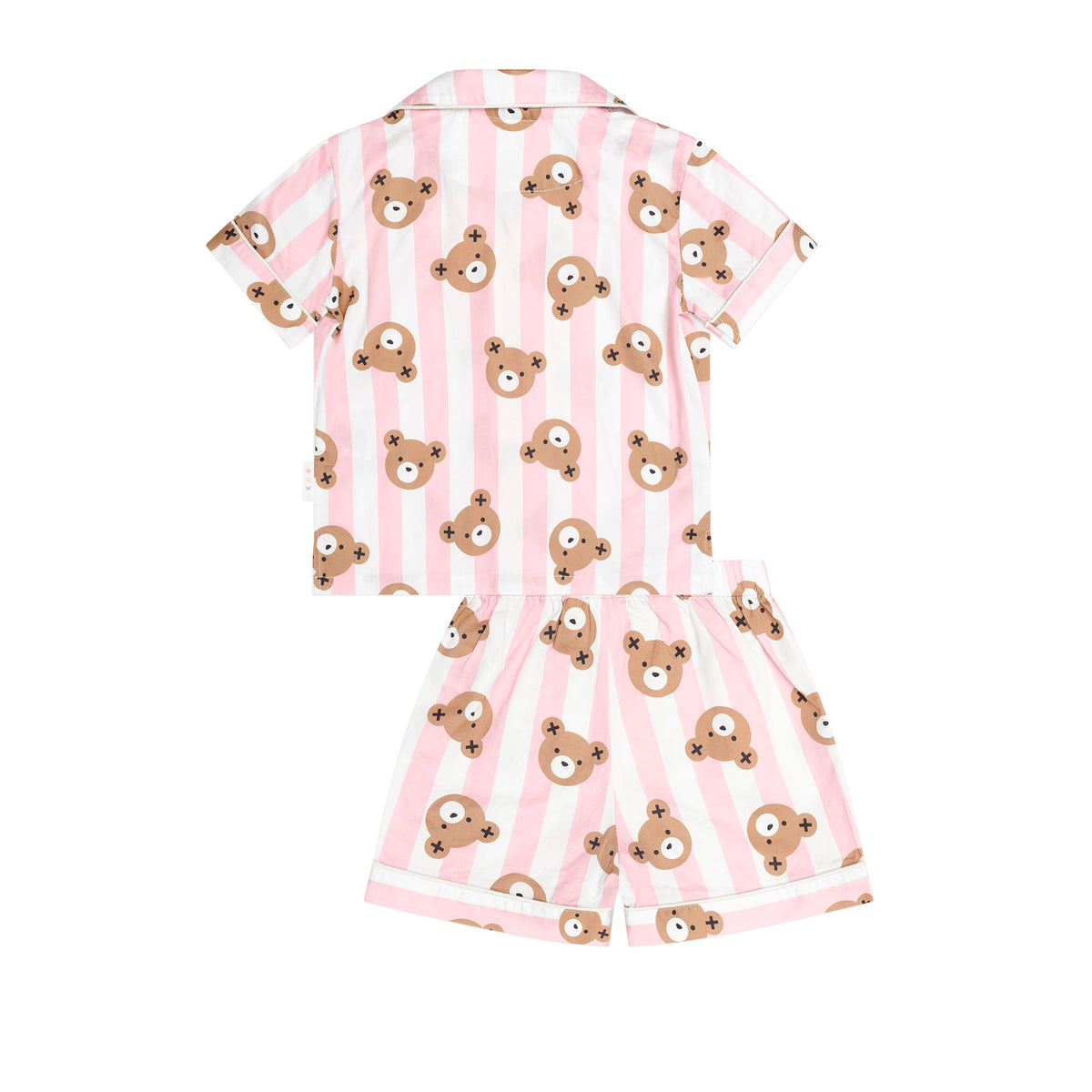 A two-piece children's pajama set featuring a short-sleeve button-up top and matching shorts, both in a pink and white vertical stripe pattern with a repeating brown bear face print, shown against a plain white background.