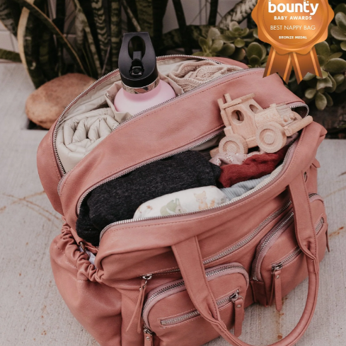 Carry all nappy bag dusty rose open and packed
