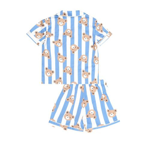 A two-piece children's pajama set featuring a short-sleeve top and matching shorts, both with vertical light blue and white stripes and an all-over print of cartoon teddy bears, shown on a plain white background.