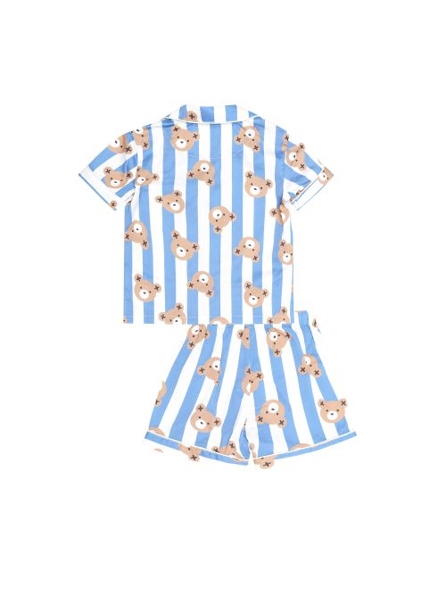 A two-piece children's pajama set featuring a short-sleeve top and matching shorts, both with vertical light blue and white stripes and an all-over print of cartoon teddy bears, shown on a plain white background.