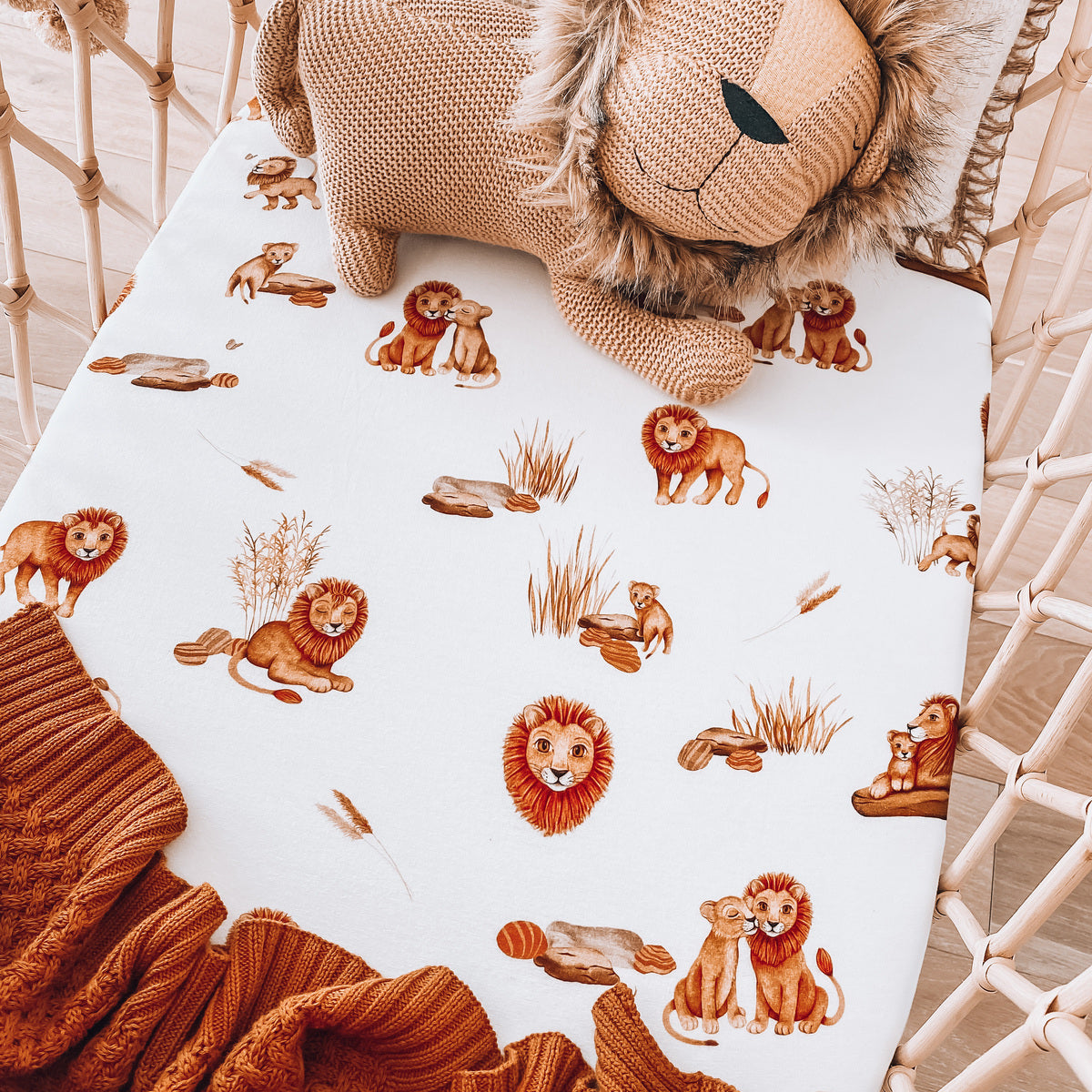 Lion bassinet sheet on a bassinet