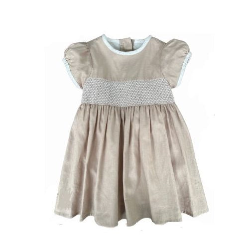 Neutral love smocked dress with tie on the back