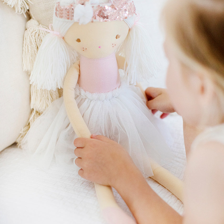 sienna doll pale pink with white tutu and bunny crown 50cm alimrose