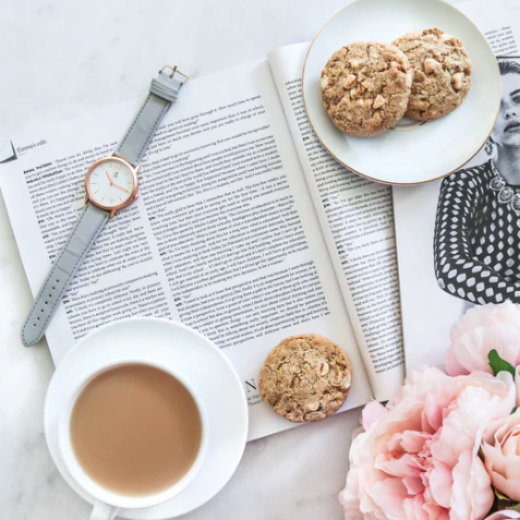 Made to milk white choc & macadamia lactation cookies and cup of tea.
