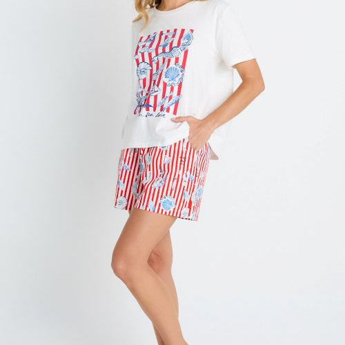 side of the amalfi shorts worn with the ellia crew tee