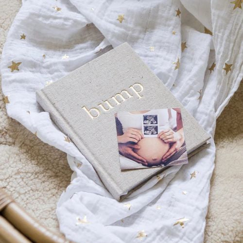 Flatlay of the bump a pregnancy story book
