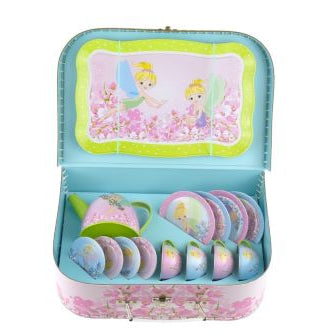 Suitcase with fairy tin tea set inside