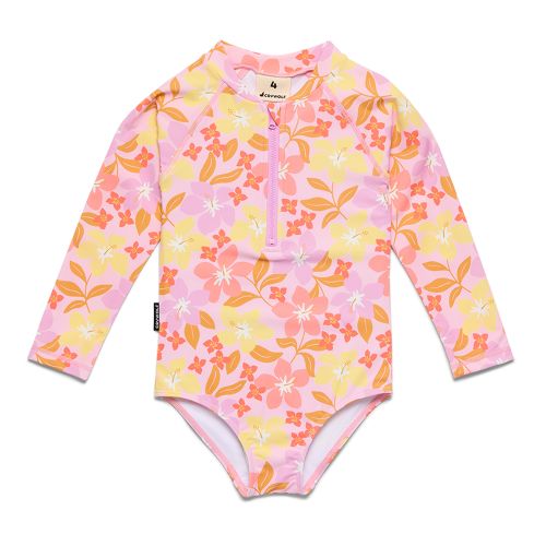 A long-sleeve baby swim shirt with a pink, orange, and yellow floral print, featuring a half-zip neckline and a small black brand tag on the sleeve.