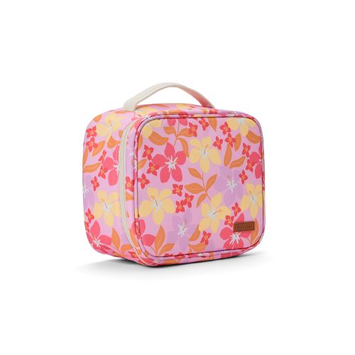A square-shaped pink lunch bag with a vibrant floral pattern in shades of pink, yellow, orange, and white, featuring a cream-colored top handle and a small brown brand patch on the front.
