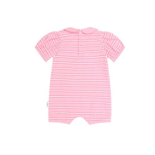 A pink short-sleeve baby romper with thin white horizontal stripes, shown from the back on a plain white background.