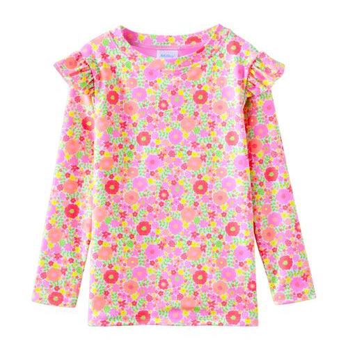 A girls' long-sleeve top with a vibrant pink, orange, and green floral print, featuring ruffled shoulder details, shown against a plain white background.