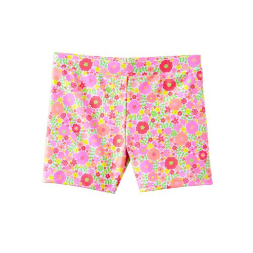 Pink floral patterned swim shorts with a dense print of pink, red, green, and yellow flowers, shown flat on a white background.