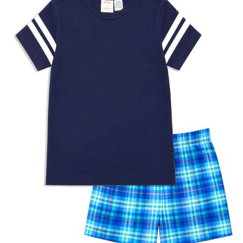 A two-piece kids' pajama set featuring a navy blue short-sleeve top with white stripes on the sleeves and matching blue, yellow, and white plaid shorts, displayed on a solid white background.