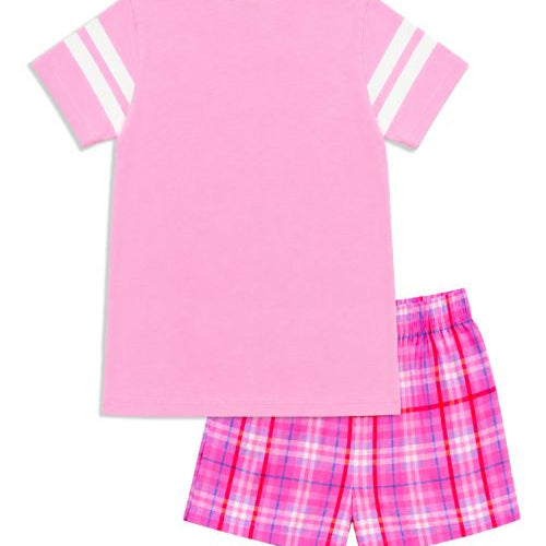 A children's two-piece pajama set featuring a light pink short-sleeve t-shirt with white stripes on the sleeves and matching pink plaid shorts with red and blue lines, displayed on a solid white background.
