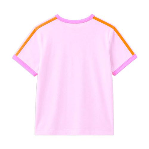 A light pink short-sleeve t-shirt with contrasting orange stripes on the shoulders and pink trim on the collar and sleeve cuffs, shown against a plain white background.
