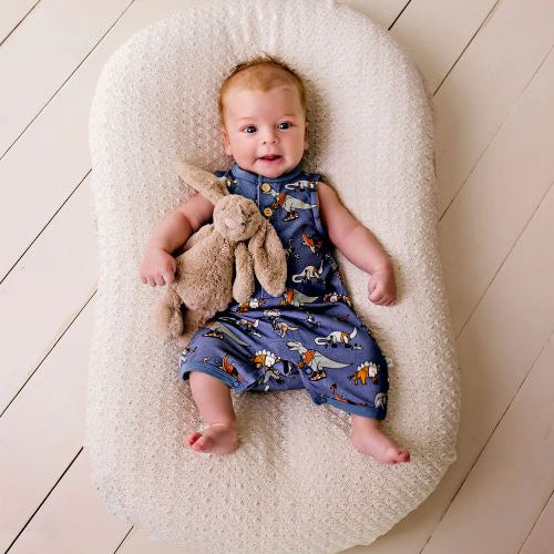 Baby wearing sleeveless romper sporty dino