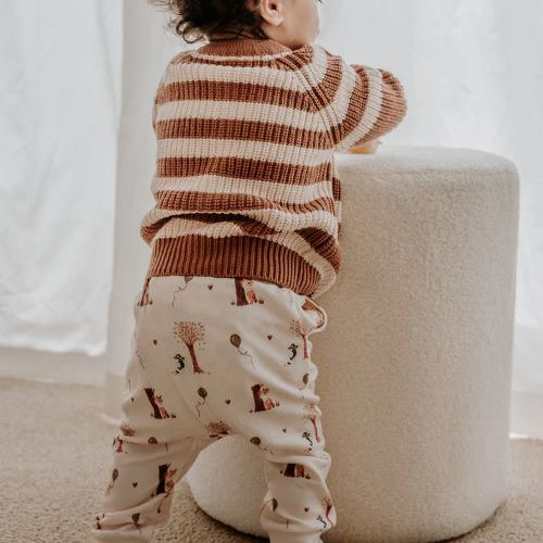 Toddler standing with Autumn bears slouch pants on