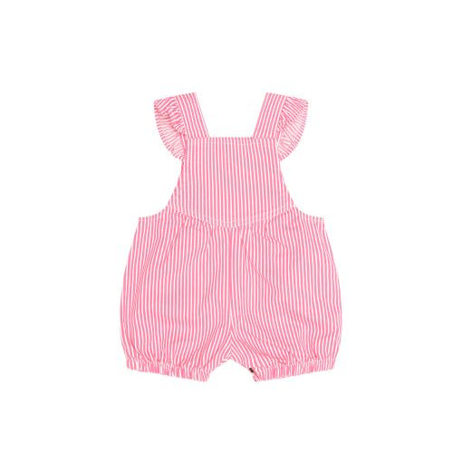 Pink and white vertically striped baby romper with ruffled shoulder straps, shown flat on a white background.