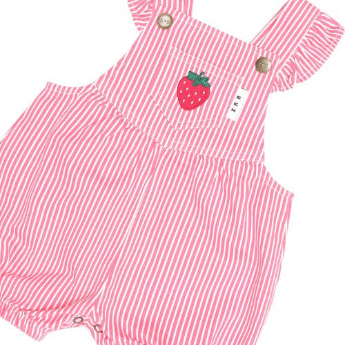 Pink and white striped baby romper with ruffled shoulder straps, a front pocket with a strawberry applique, and snap closures at the crotch.