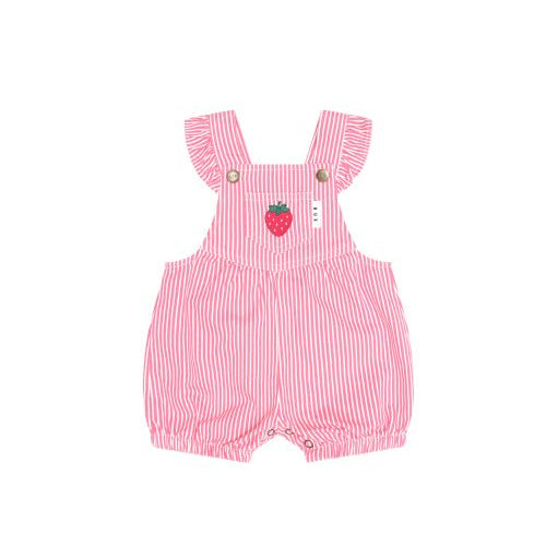 Pink and white striped baby romper with ruffled shoulder straps and a small embroidered strawberry on the chest, shown flat on a white background.