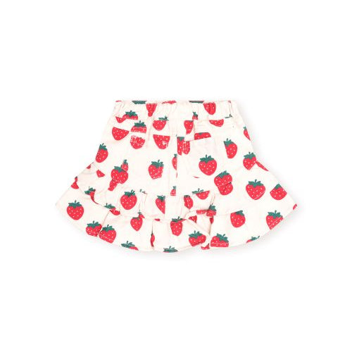 A white ruffled skirt with an all-over strawberry print, displayed flat against a solid white background.