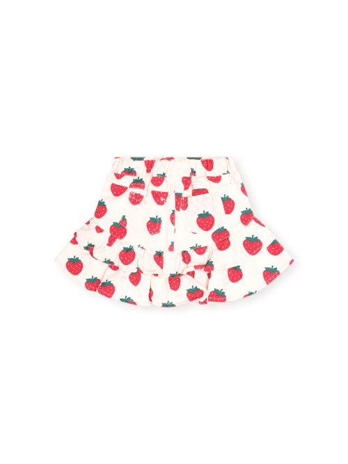 A white ruffled skirt with an all-over strawberry print, displayed flat against a solid white background.