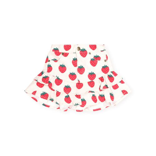 A white ruffled skirt with an all-over red strawberry print, laid flat against a solid white background.