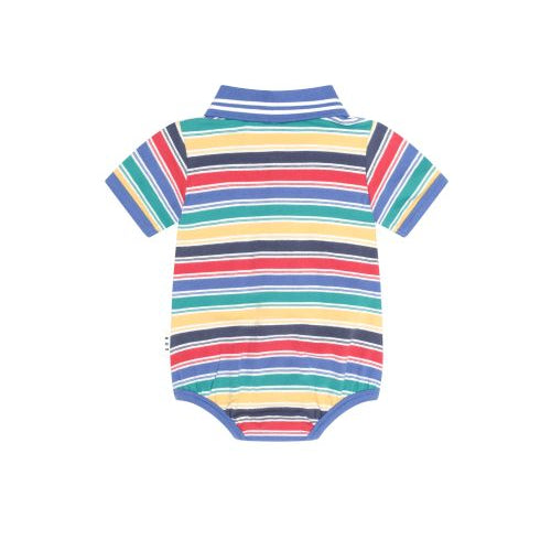 A short-sleeve baby bodysuit with horizontal multicolor stripes in blue, red, yellow, green, and navy, displayed flat against a white background.