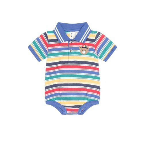A baby short-sleeve polo romper with horizontal stripes in blue, red, yellow, green, and navy, featuring a blue collar, snap-button placket, and a small bear patch on the chest.