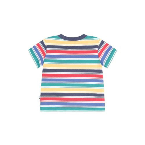 A short-sleeve striped t-shirt shown from the back, featuring horizontal stripes of red, blue, green, yellow, and navy on a white background.
