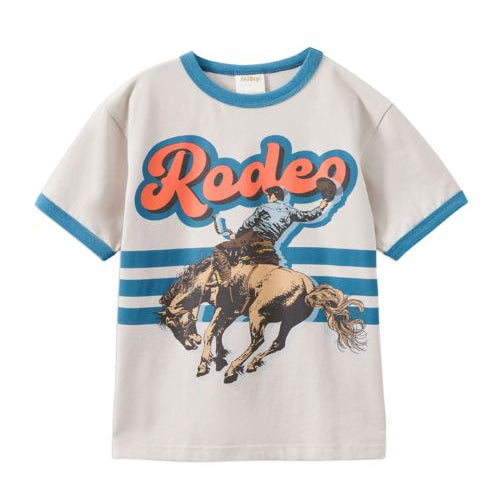 A kids' short-sleeve ringer t-shirt in off-white, featuring a blue collar and sleeve trim, with a graphic print of a cowboy on a bucking horse and the word 'Rodeo' in orange and blue.