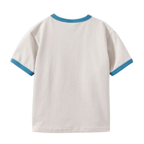 The back of a short-sleeve ringer t-shirt in off-white with contrasting blue trim on the collar and sleeve cuffs, shown against a plain white background.