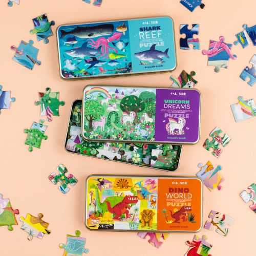 Tin Puzzles 50 pieces in 3 designs Sharks, Unicorns and Dinosaurs