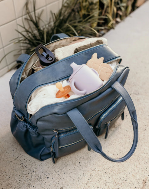 Carry all nappy bag in stone blue open and packed