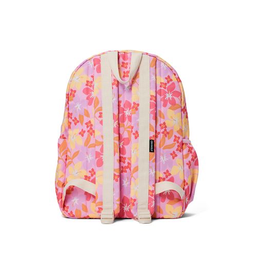 A backpack with a pink, orange, and yellow floral pattern, featuring beige webbed shoulder straps and side buckles, shown against a plain white background.