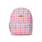 A backpack with a pastel pink, yellow, and light blue gingham check pattern, featuring a small brown leather brand patch on the front.