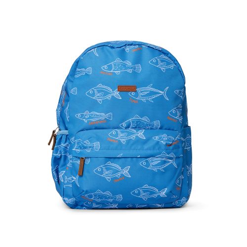 A blue nylon backpack featuring an all-over pattern of white and orange fish illustrations, shown against a plain white background.