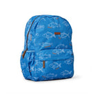A blue backpack with an allover fish pattern, featuring brown leather-like zipper pulls and a small brown brand patch on the upper front, photographed on a clean white background.