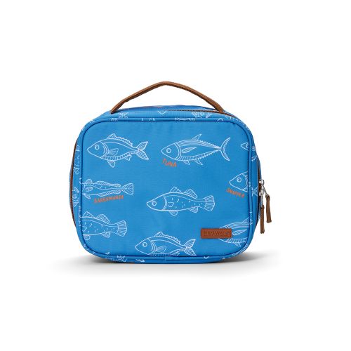 A blue lunch bag with a repeating white fish pattern and brown leather handle and zipper pull, photographed on a clean white background.