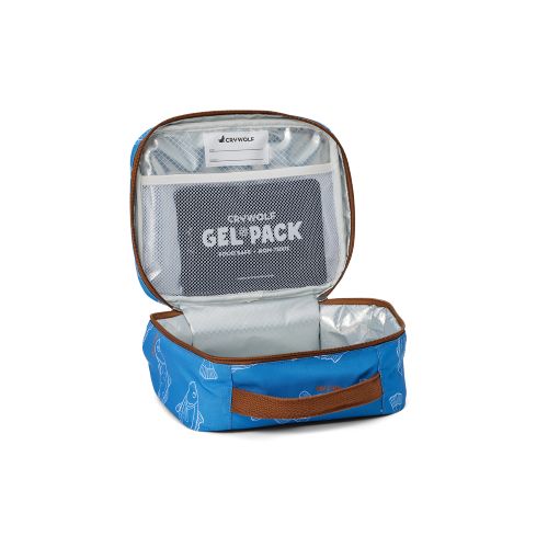 An open blue Crywolf cooler bag with brown trim, showing a gel pack inside on a white background.