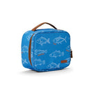 A blue lunch bag with a brown handle, featuring an allover pattern of white fish illustrations and small orange fish names, shown on a white background.
