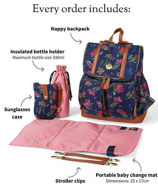 Nappy backpack in floral with a changemat and bottle holder