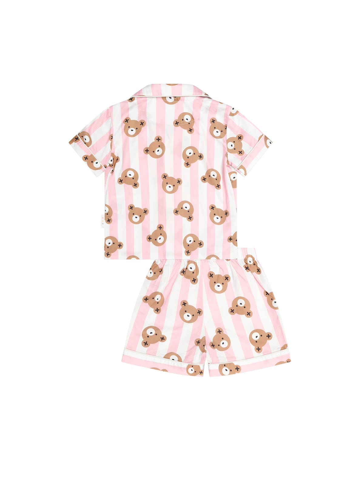 A two-piece children's pajama set featuring a short-sleeve button-up top and matching shorts, both in a pink and white vertical stripe pattern with a repeating brown bear face print, shown against a plain white background.