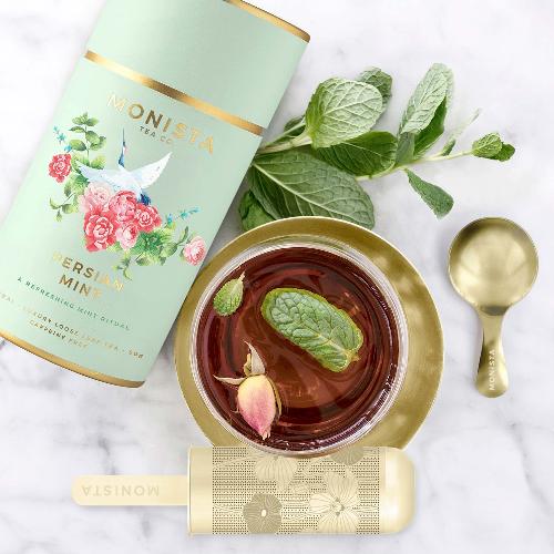 Persian mint tea in a cup with an infuser