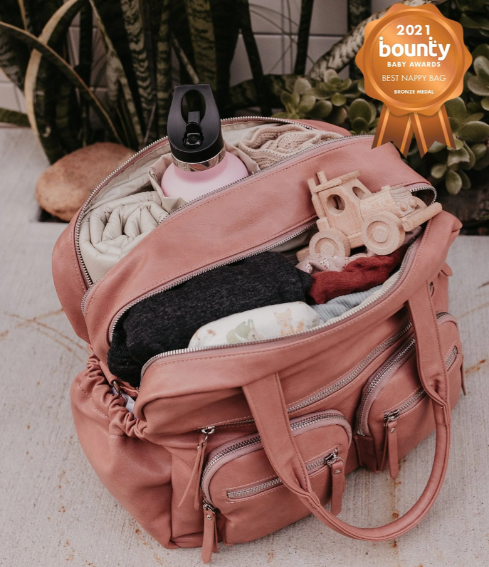 Carry all nappy bag dusty rose open and packed