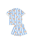 A two-piece children's pajama set featuring a short-sleeve top and matching shorts, both with vertical light blue and white stripes and an all-over print of cartoon teddy bears, shown on a plain white background.