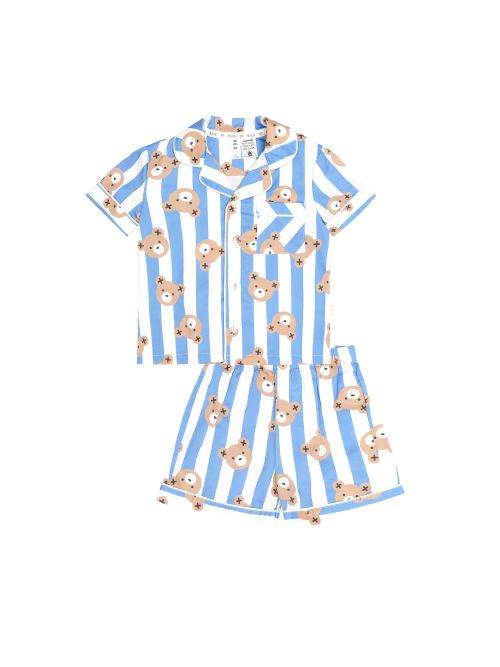 A two-piece children's pajama set featuring a short-sleeve button-up top and matching shorts, printed with vertical light blue and white stripes and a repeating pattern of cartoon teddy bears, shown on a plain white background.